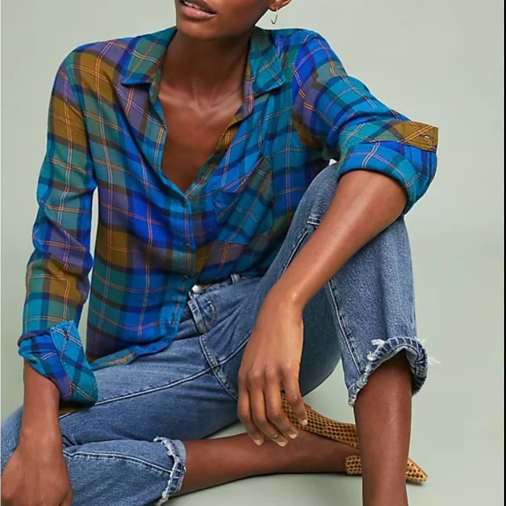Cloth & Stone Blue and Brown Plaid Button-Down Shirt
